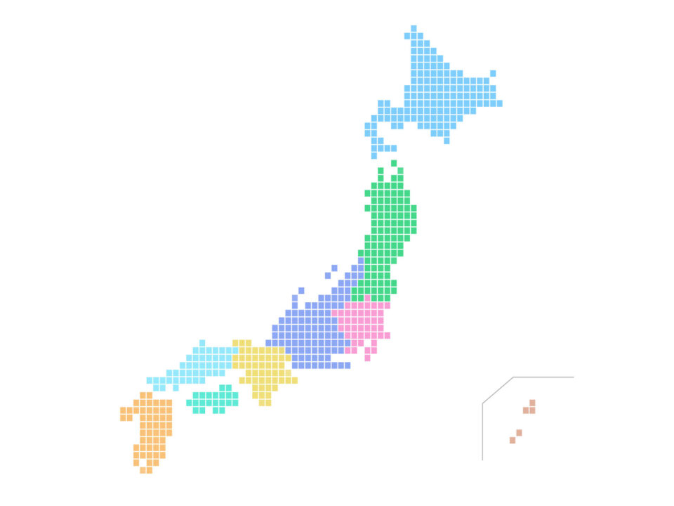 地方ごとに色分けされた日本地図